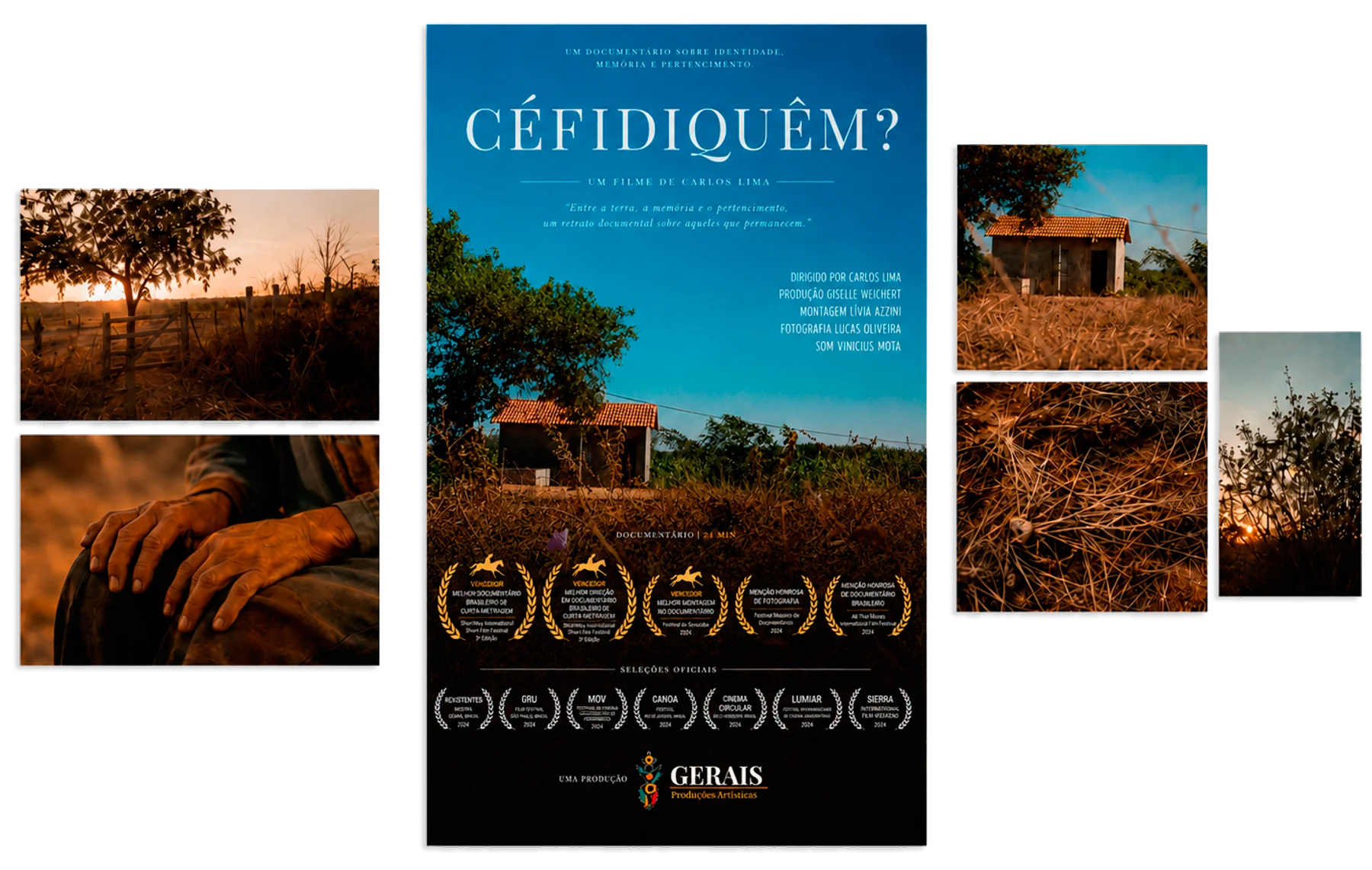 Mosaico visual do documentário Céfidiquêm?, com cartaz central e fotografias do universo do filme